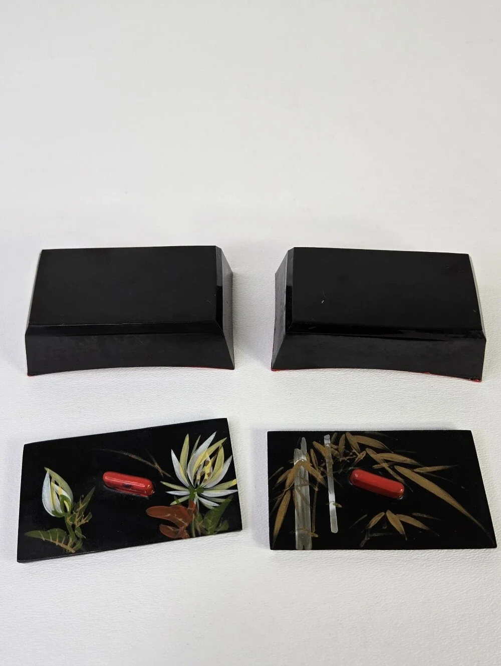 Vtg Japanese Lacquerware Box Set Urushi Maki-e Floral Bamboo Black Red Hand Pain